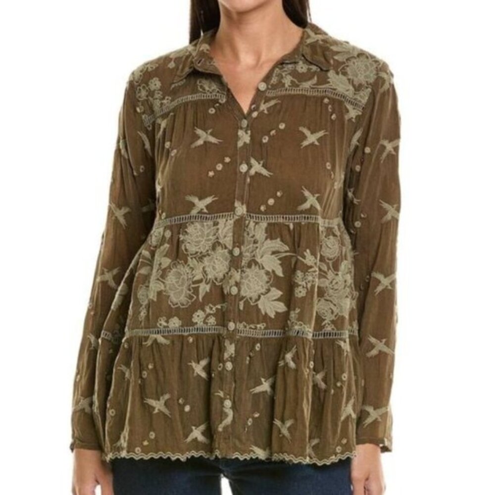 Johnny Was Tahra Embroidered Blouse Olive Green M